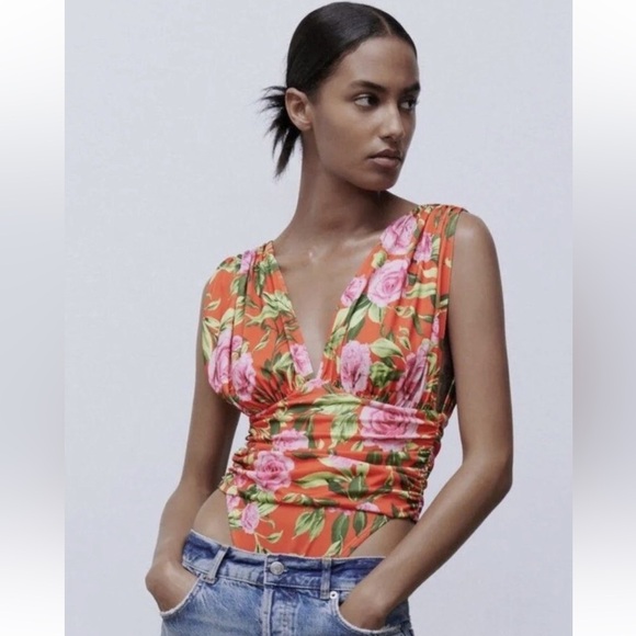 Zara Draped Red Orange Floral Tropical Deep V Neck Bodysuit - Picture 1 of 9